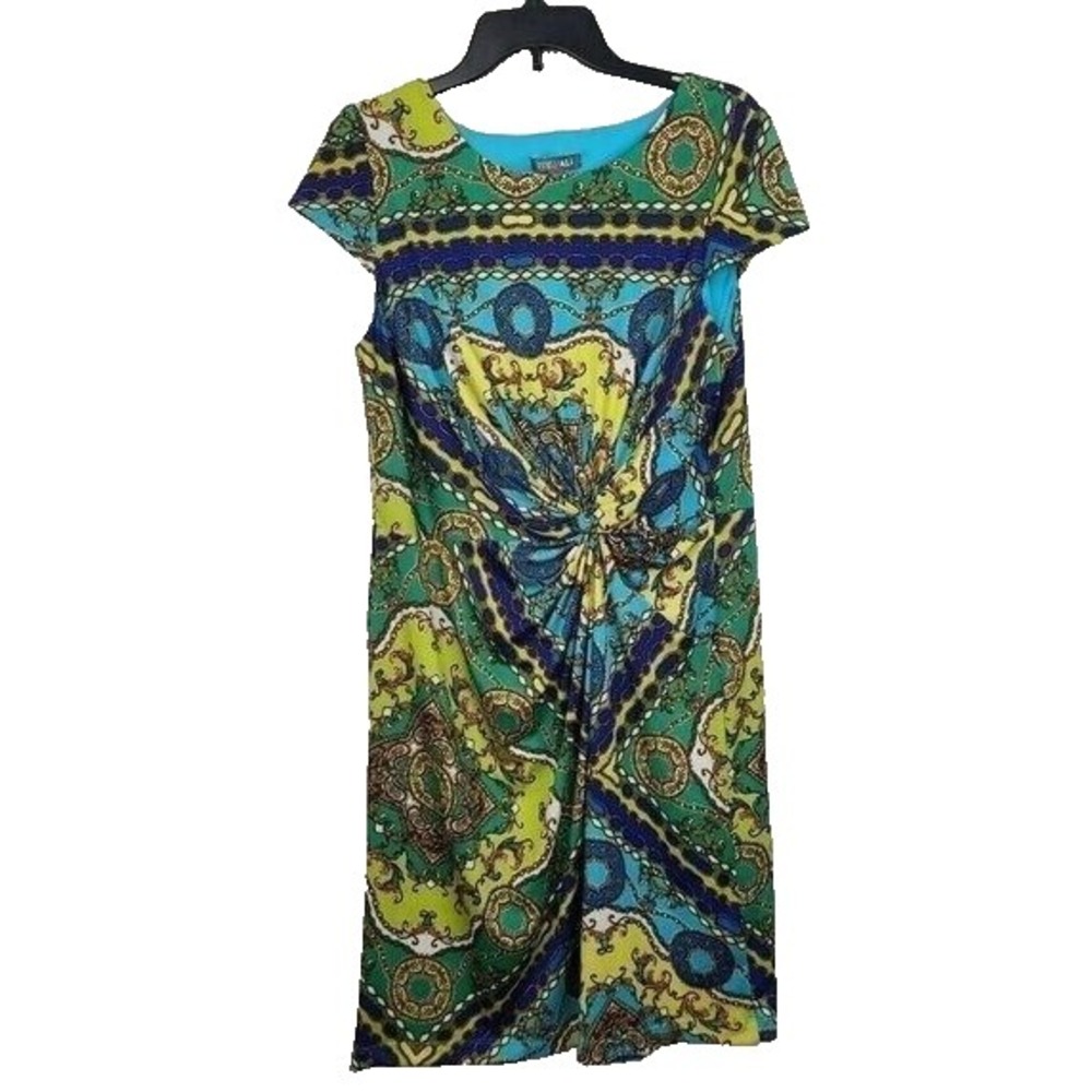 Roz & Ali Womens BOHO Sheath Dress Sz 16 Green Blue Floral Knot Front Cap Sleeve